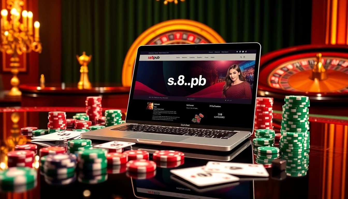 A vibrant casino scene featuring the s8.pub homepage with poker chips and dice, capturing the excitement of online gambling.