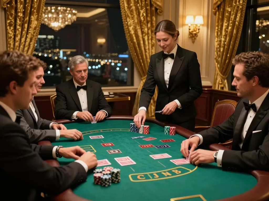 gbong players enjoy an intense blackjack game in an upscale casino suite, showcasing strategic gameplay and elegant atmosphere.