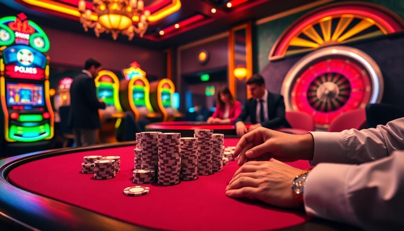 Engaging poker gameplay with motchilltv-themed decor, showcasing vibrant casino atmosphere.
