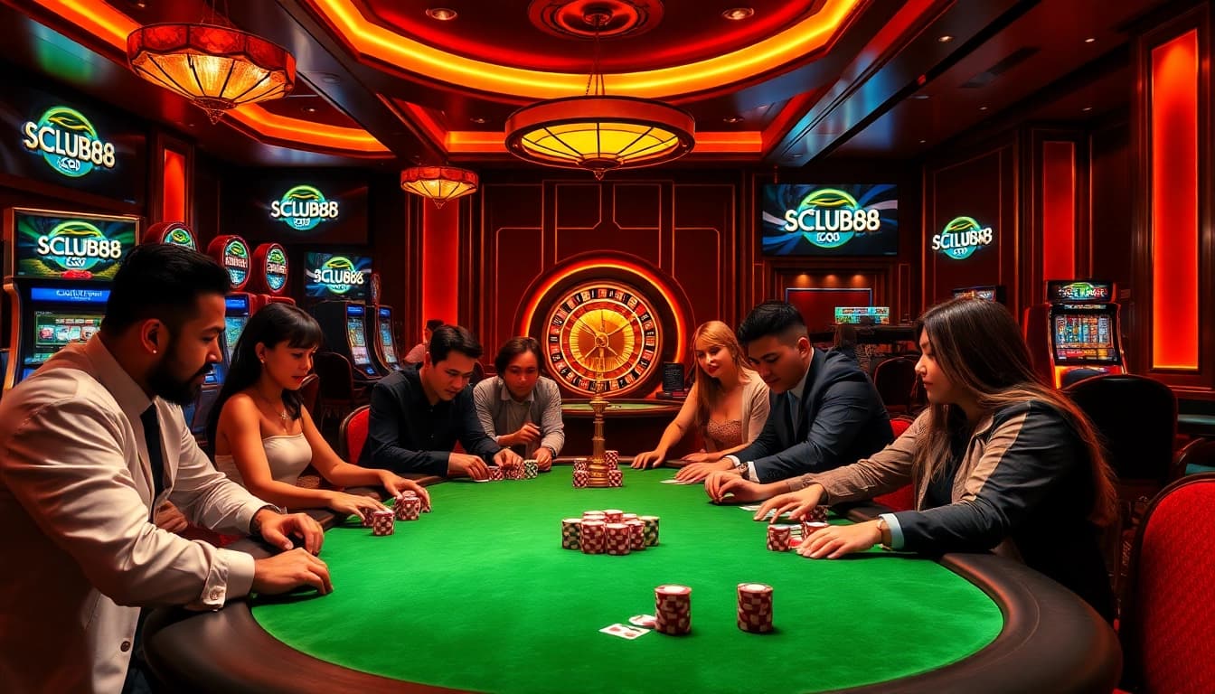 Engage in thrilling gameplay at SCLUB88 CO with a vibrant poker table featuring diverse players and colorful chips.