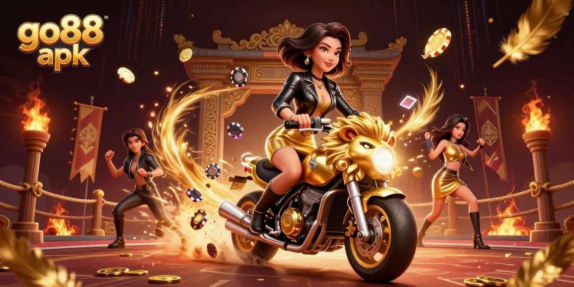 Engage with go88 apk as a glamorous Asian woman rides a golden lion mascot in a vibrant casino scene.