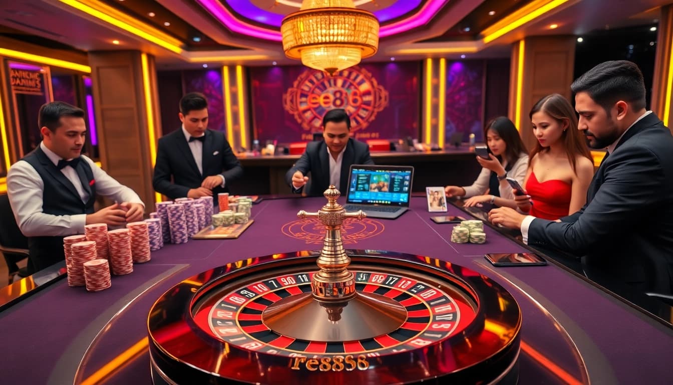 Casino table scene featuring players engaged in various games at ee88 casino.