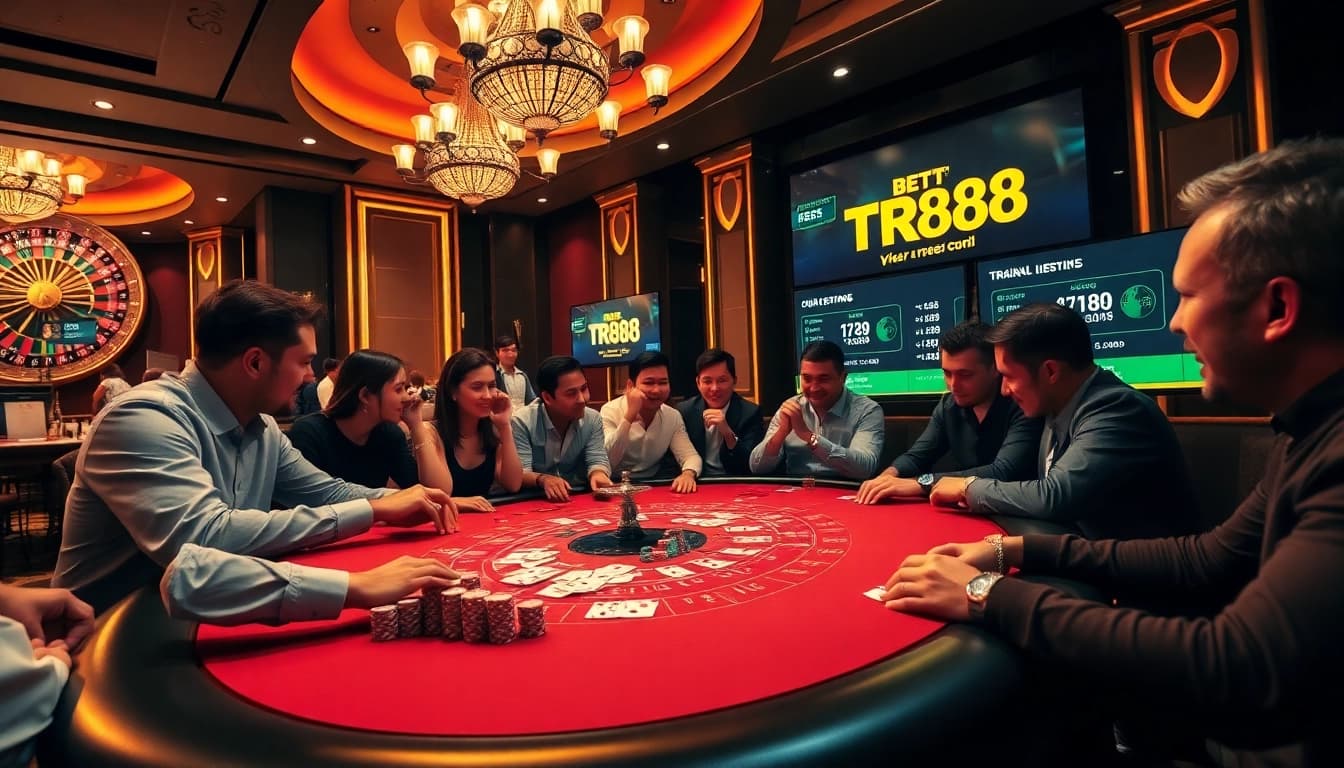 Players engaging in thrilling poker action at TR88 casino, showcasing vibrant table features and luxury.