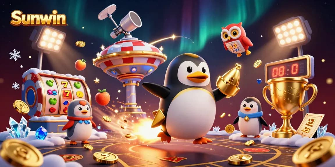 Sunwin penguin launching through the casino cosmos, showering players with golden coins and gaming excitement.