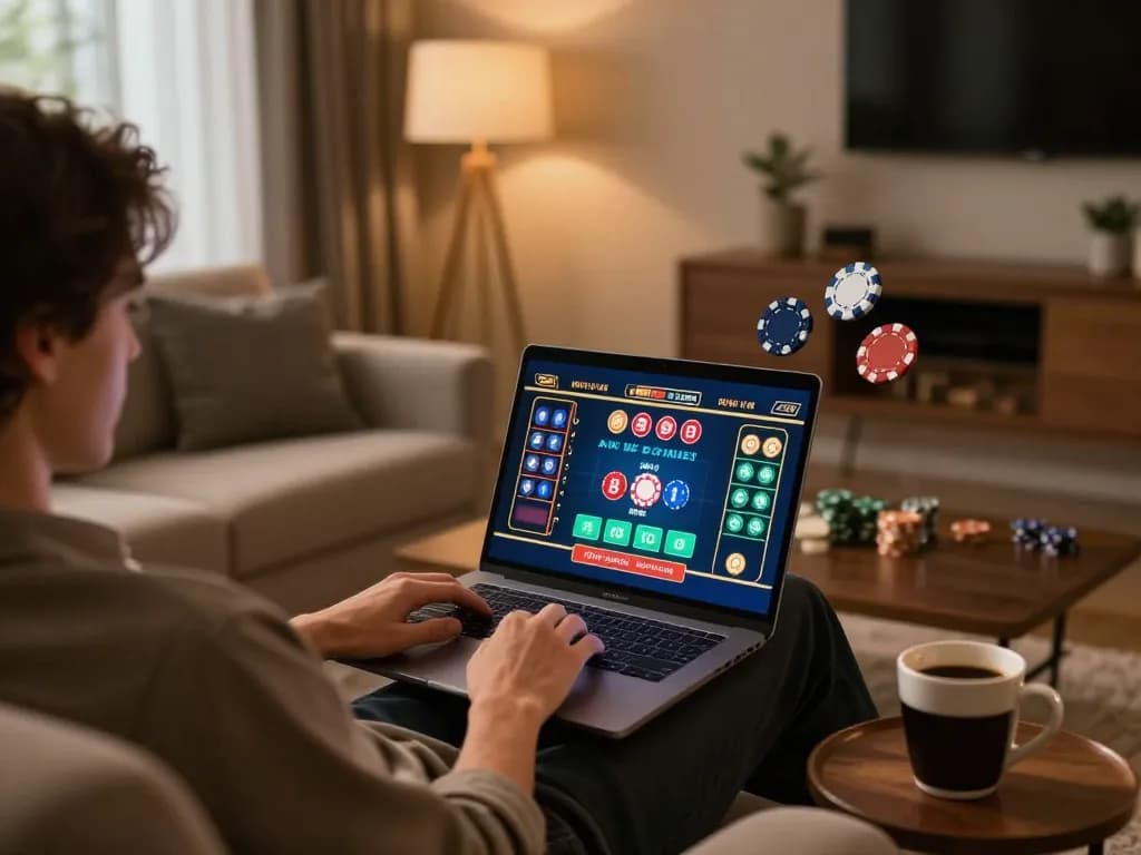 KP88 gaming experience: Engaged player at home using laptop for live dealer blackjack