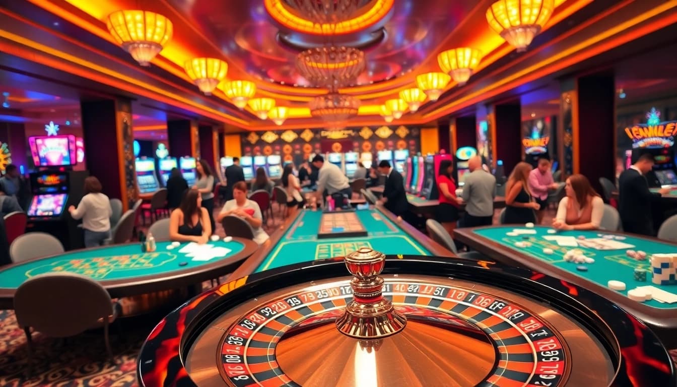 A thrilling scene at zo88, lively players engaging at poker tables and a roulette wheel.