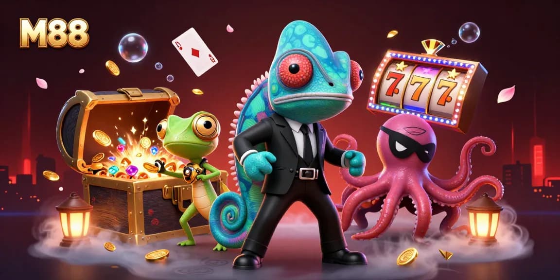 M88 casino game action featuring a secret agent chameleon beside a tech-gecko, capturing winning moments.
