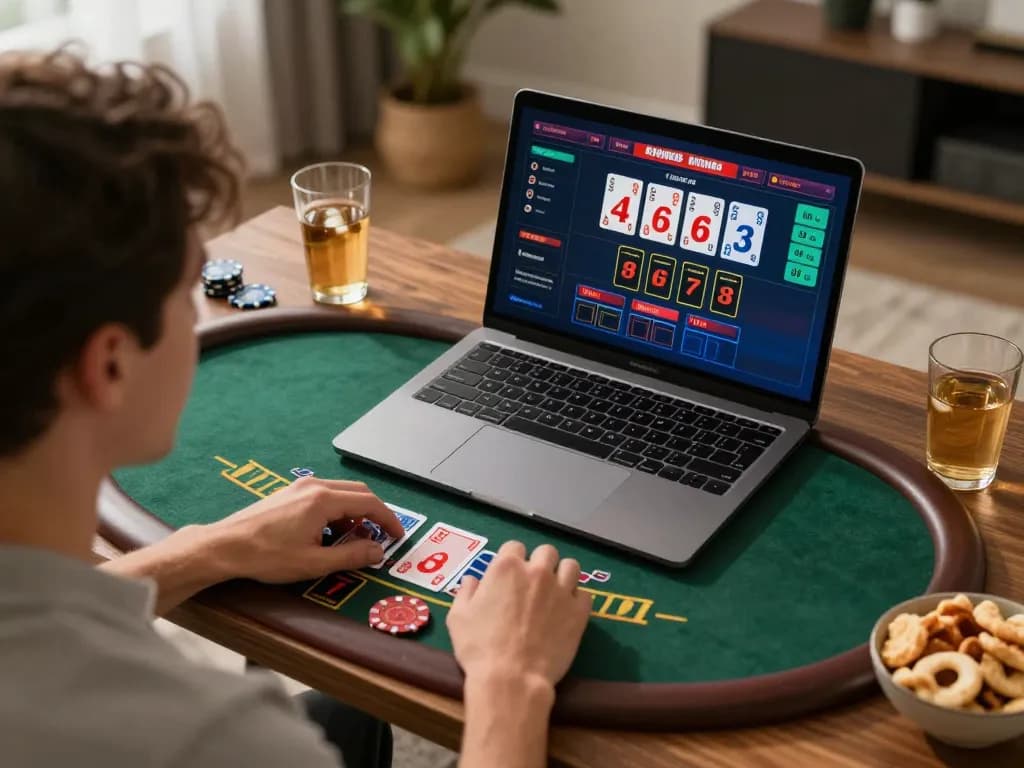 Pemain 88id menikmati permainan blackjack dealer langsung di laptop, menyoroti pengalaman permainan online yang imersif.