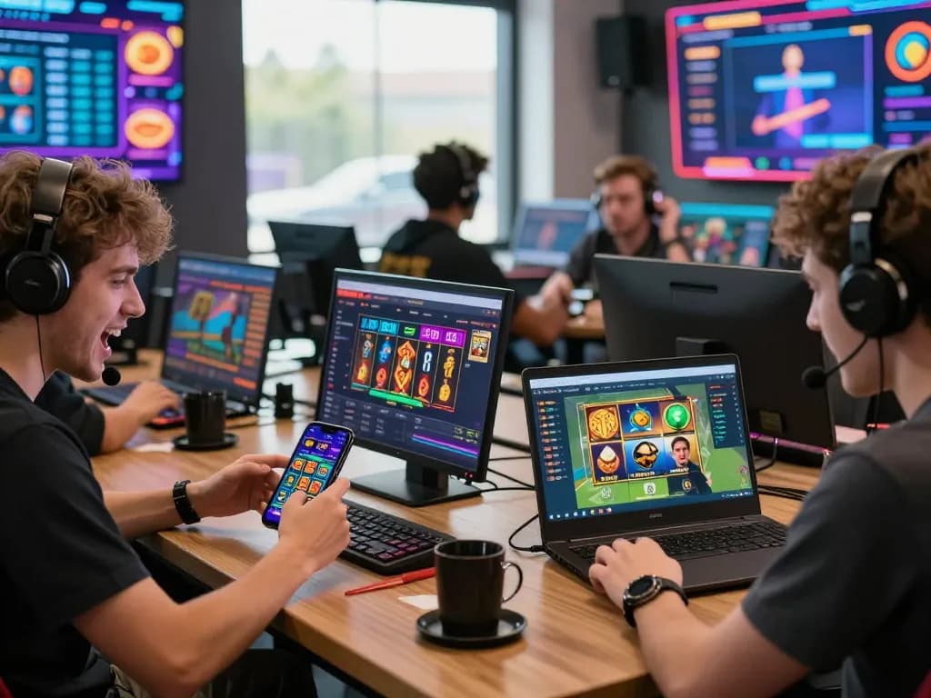 Players experiencing F168's vibrant online betting platform on various devices, capturing excitement and engagement.