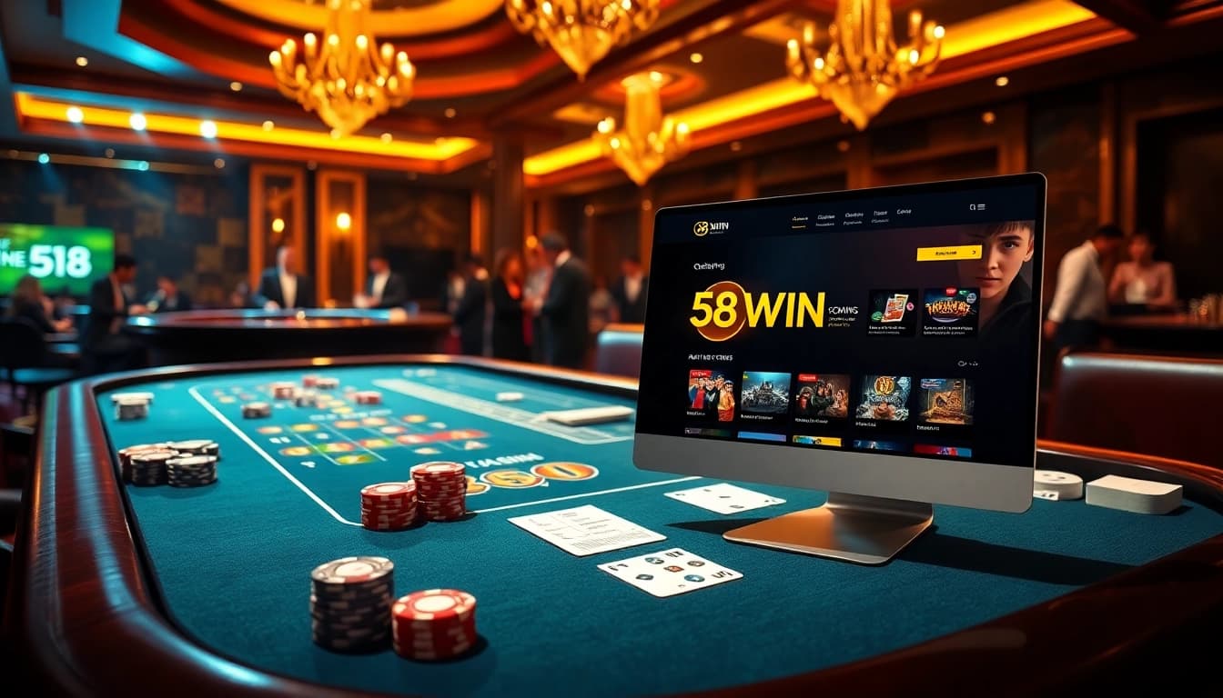 58WIN's high-stakes casino scene featuring a vibrant poker table and roulette wheel.