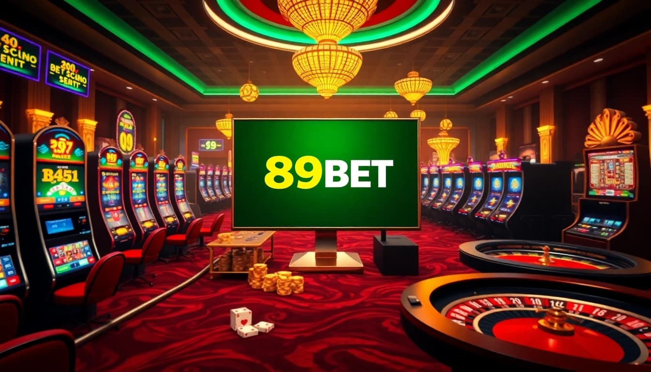 Exciting casino scene featuring the 89BET online interface amidst vibrant slot machines and poker tables.