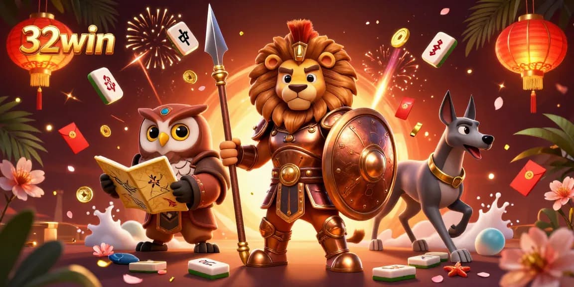 Experience thrilling gaming action with 32win's vibrant casino illustration featuring chances to win.