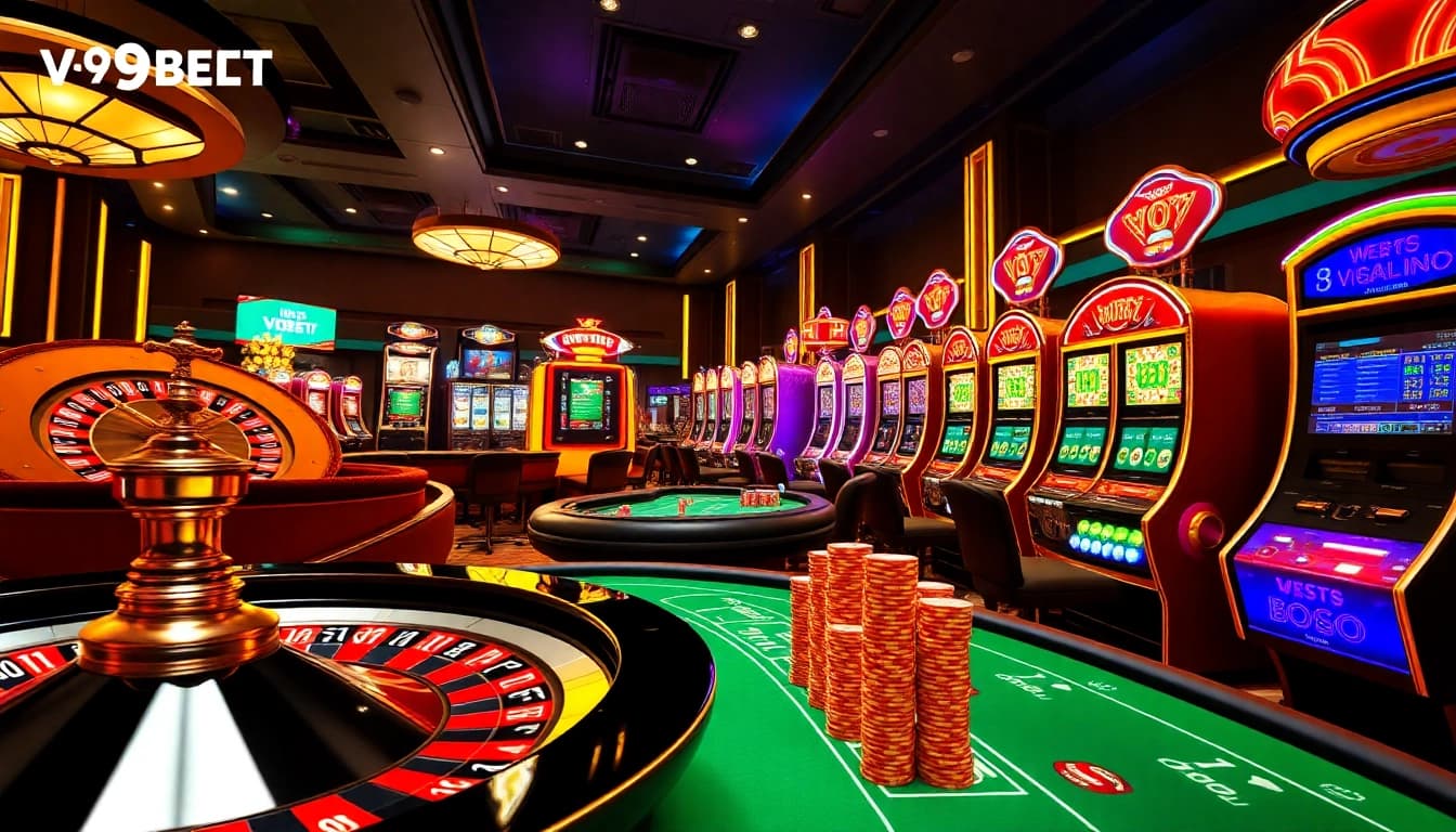 Experience thrilling V9BET gameplay with a vibrant roulette wheel and engaging blackjack table.