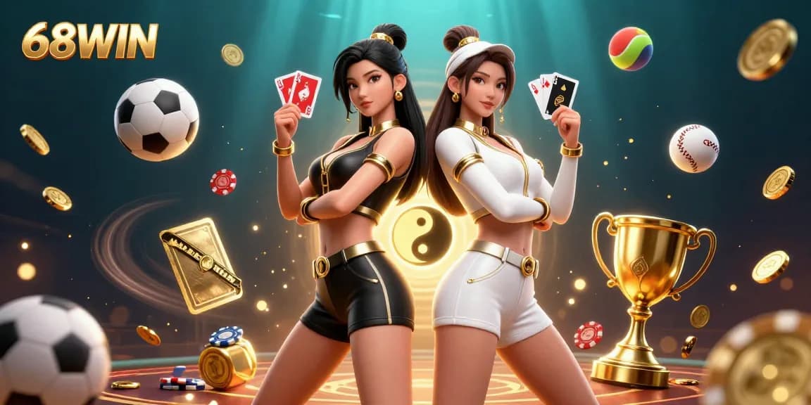 Experience thrilling gaming at 68WIN with twin Asian women showcasing their playing cards in an electrifying casino atmosphere.