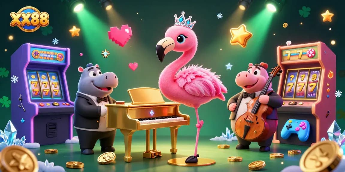 Experience excitement at XX88 with a vibrant scene of a flamingo singer and hippo bassist in a lively casino.