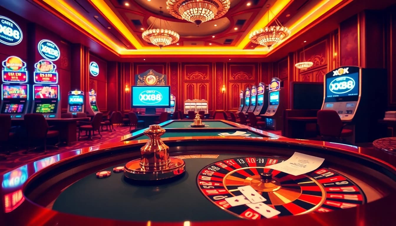 Gamble wisely at https://xx88.directory with a vibrant casino scene, featuring roulette and slot machines.