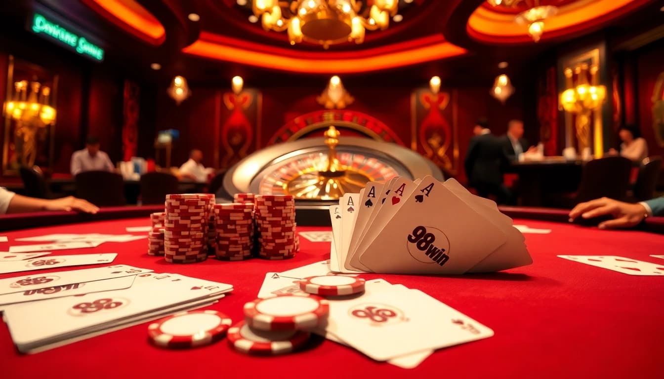 Experience thrilling poker action with 98win's vibrant casino atmosphere and elegant gameplay.