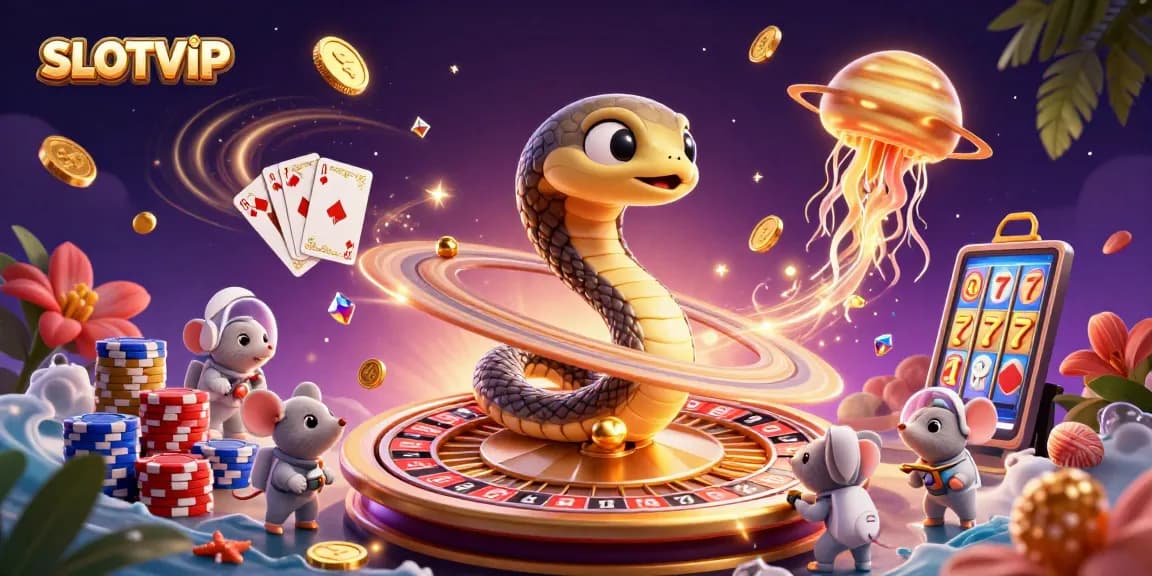 SLOTVIP encapsulates an interactive space casino scene with vibrant betting activities and cosmic characters.