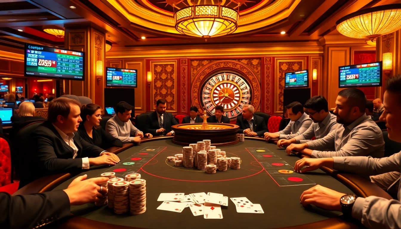 Players strategizing at the Ee88 poker table, showcasing excitement and elite gambling atmosphere.