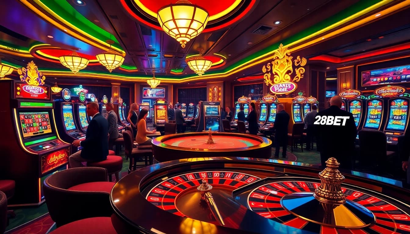 28BET casino scene with vibrant gaming tables and patrons enjoying thrilling bets