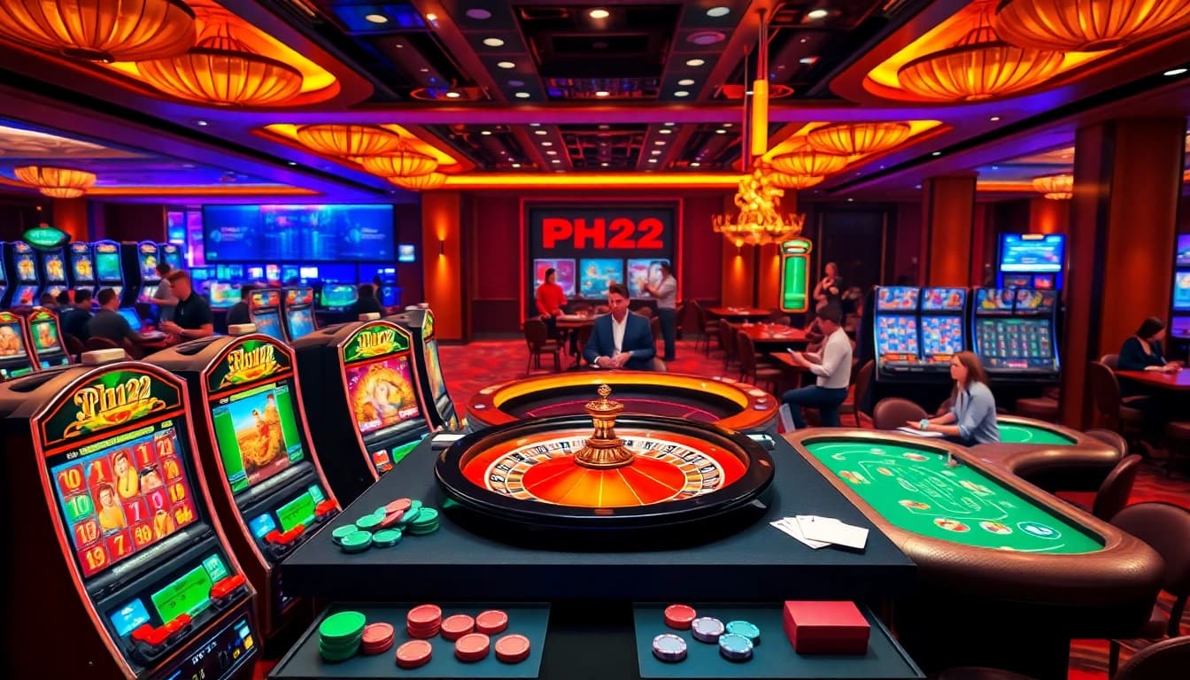 PH22 online casino with vibrant slot machines and engaged players at roulette tables.