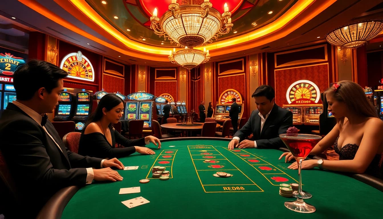 Players strategizing their next move at red88's Baccarat table for thrilling casino action.