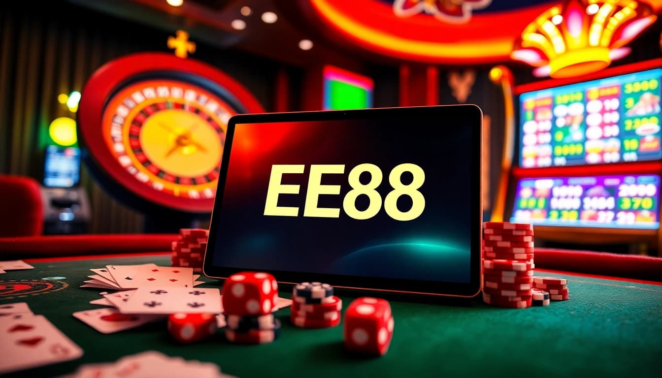Experience the thrill of EE88 online gambling with vibrant casino elements like cards and roulette.