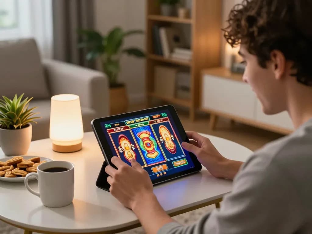 Player enjoying GG88 slot games on a tablet in a cozy living room setting with ambient lighting.
