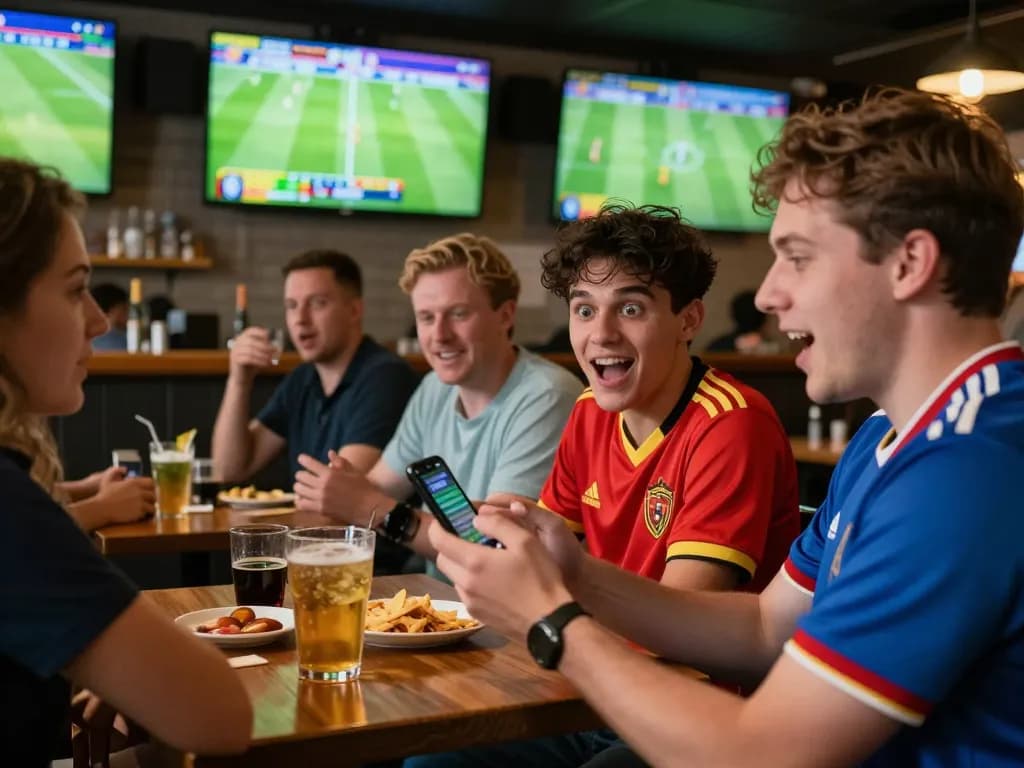 Watch exciting soccer results live today as a bettor engages with ผลบอลวันนี้ in a sports bar setting.