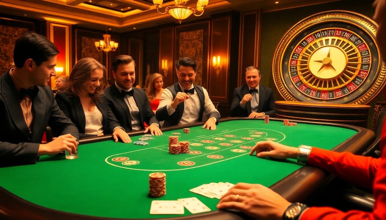 Players strategically engaging at a BDTK1 casino table surrounded by vibrant atmosphere.