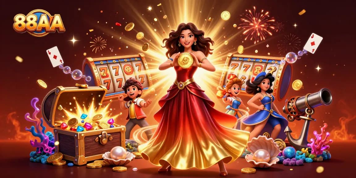 Experience thrilling moments with 88AA as the stunning Asian woman holds a massive golden coin surrounded by casino excitement.