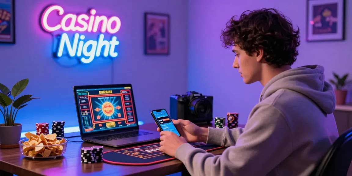 Gambler at home gaming setup using https://saintnicolasplace.co.uk app for placing bets amidst vibrant casino decorations.
