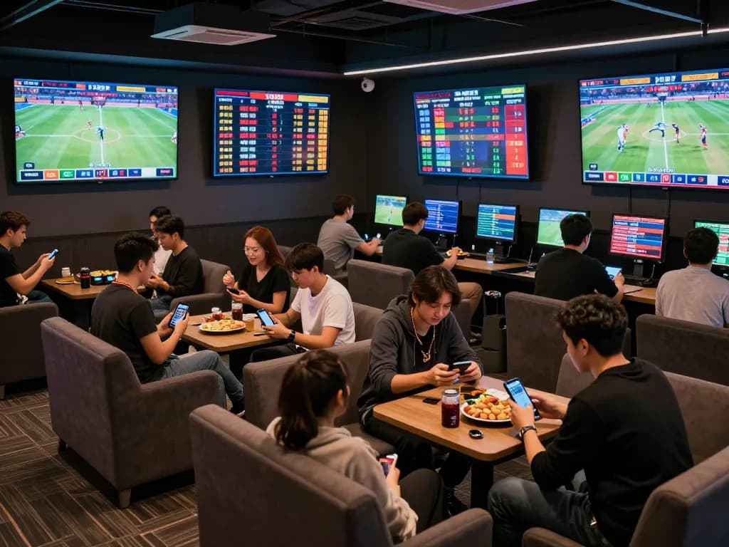 Engaging sports enthusiasts placing bets on 11BET in a lively betting lounge full of screens and excitement