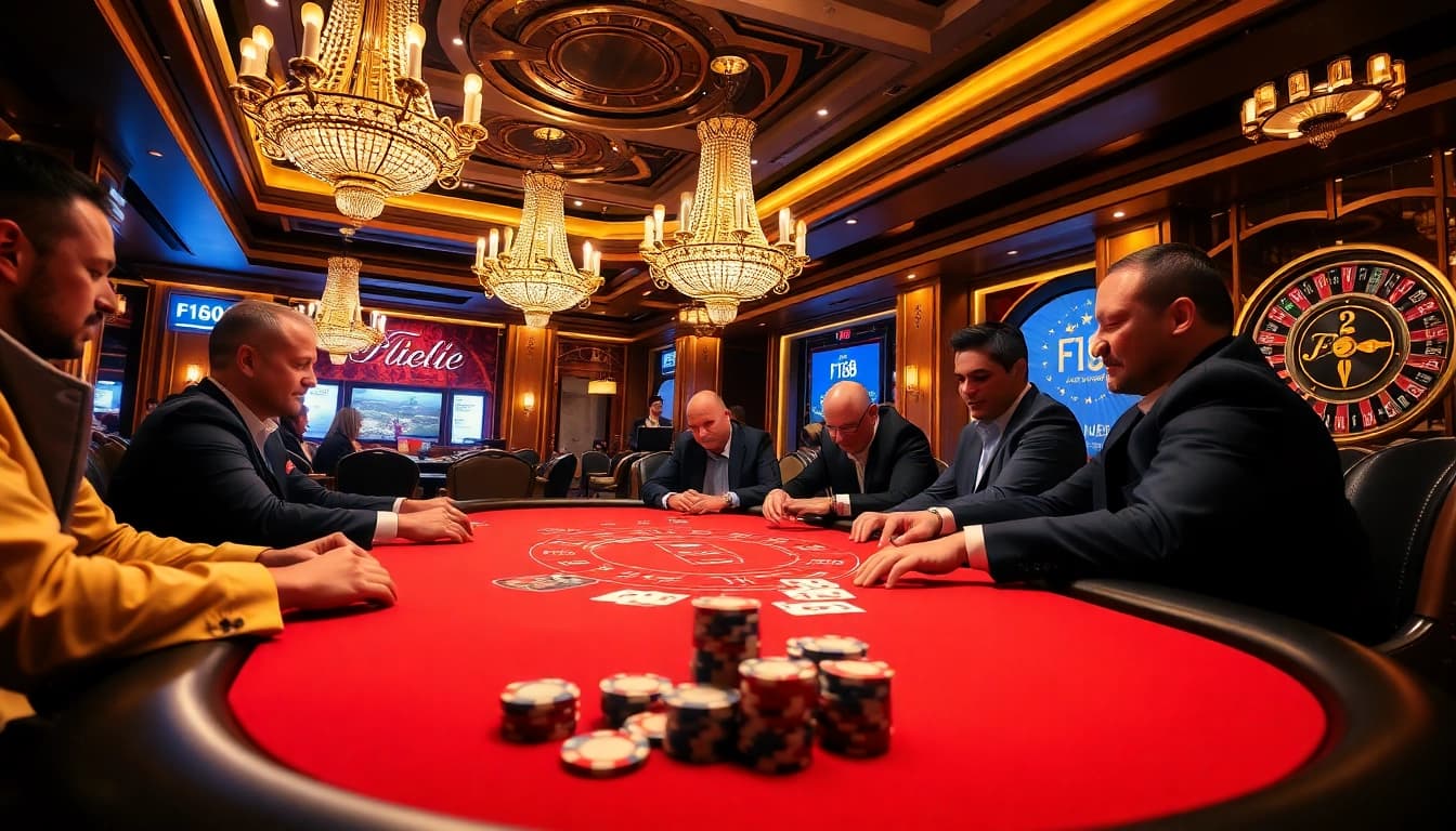 Experience excitement at F168 casino with players engaged in a high-stakes poker game.