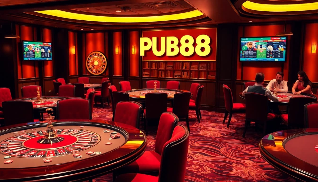 PUB88 casino scene featuring elegant gaming tables, poker chips, and a spinning roulette wheel.