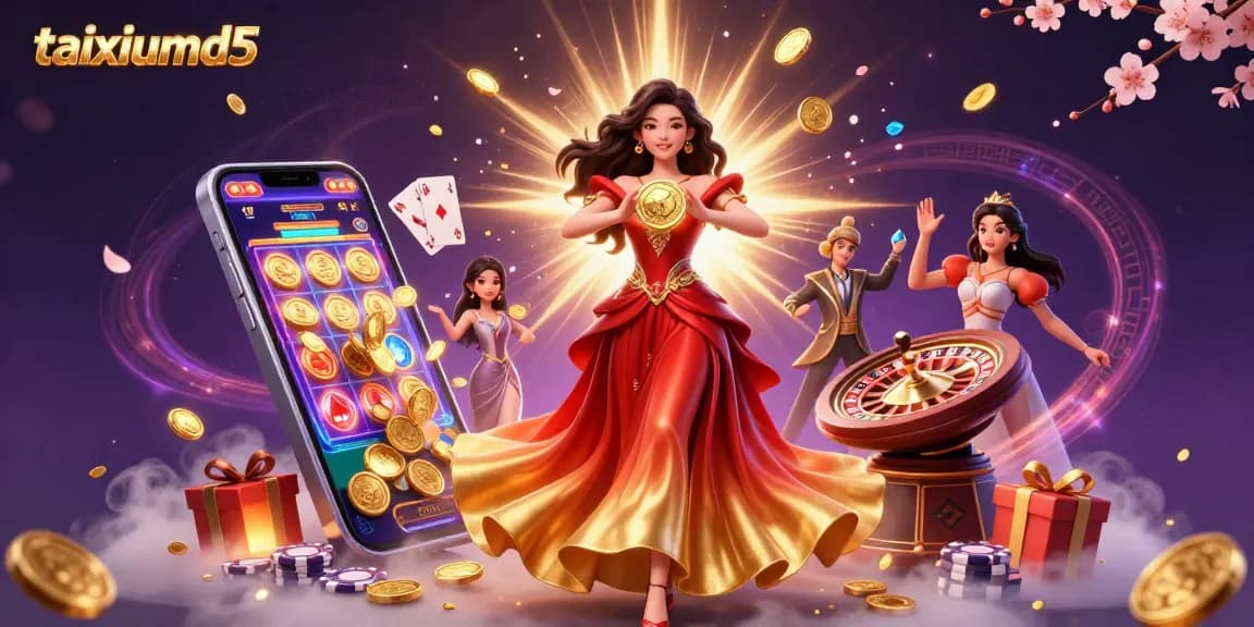 Engage with taixiumd5's dynamic casino adventure, featuring a stunning Asian woman with golden coins and captivating game elements.