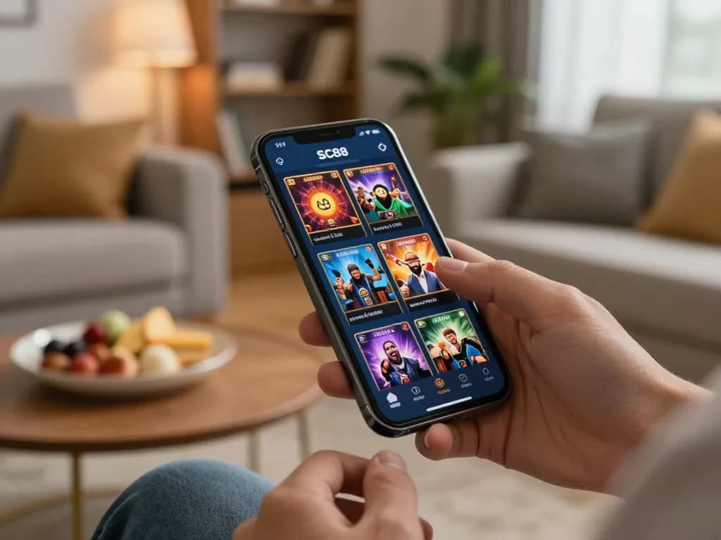 Engaging gameplay on the SC88 app, showcasing a user interacting with a smartphone in a cozy home setting, highlighting responsible online gambling.
