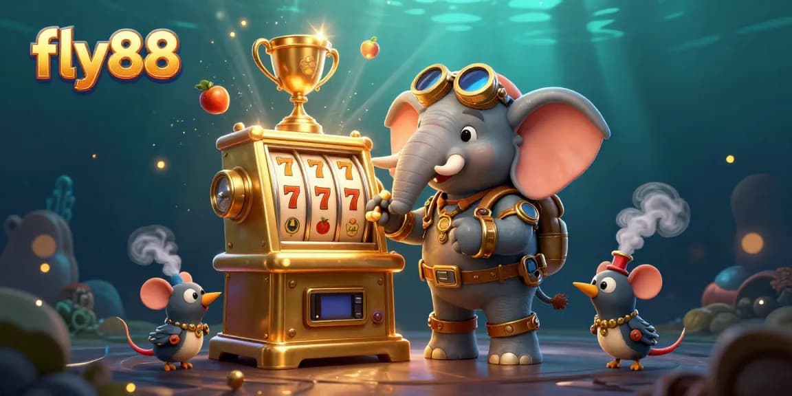 Experience thrilling moments at fly88 with a steampunk elephant operating a slot machine amid rich casino elements.
