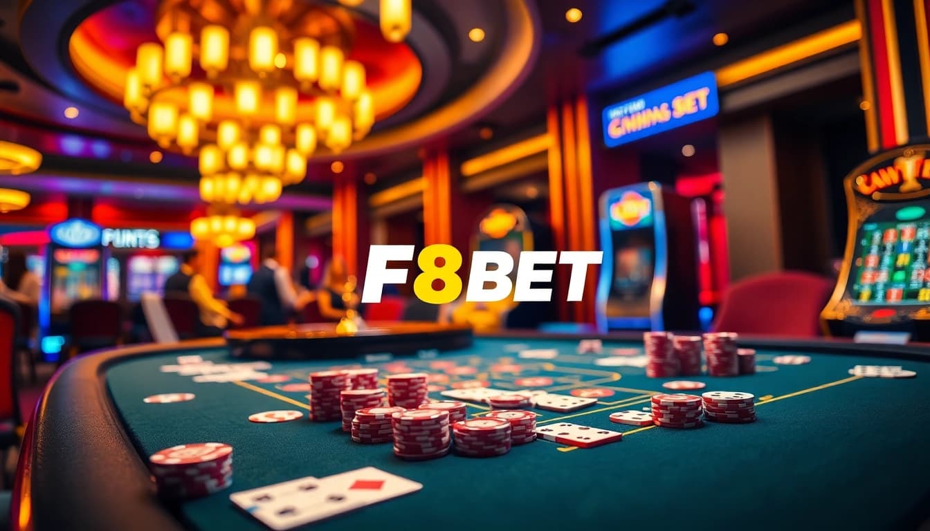 F8BET logo displayed at a vibrant casino gaming table with poker chips and cards.