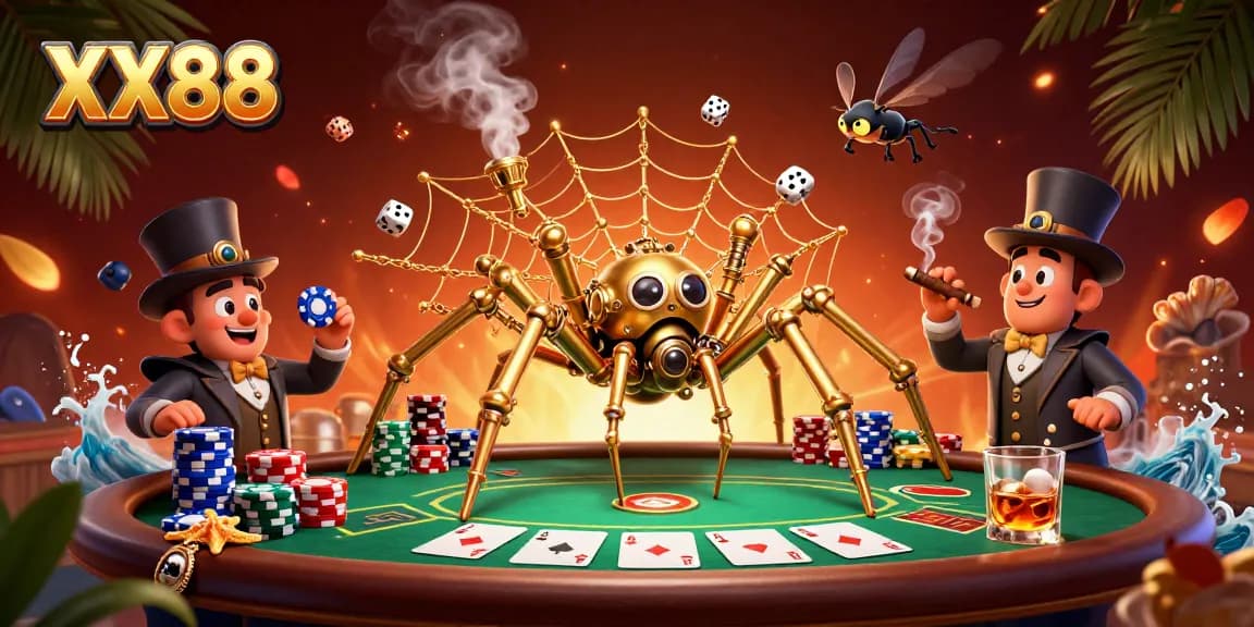 Experience the thrill of XX88 as the golden spider captures dice in this dynamic casino scene.