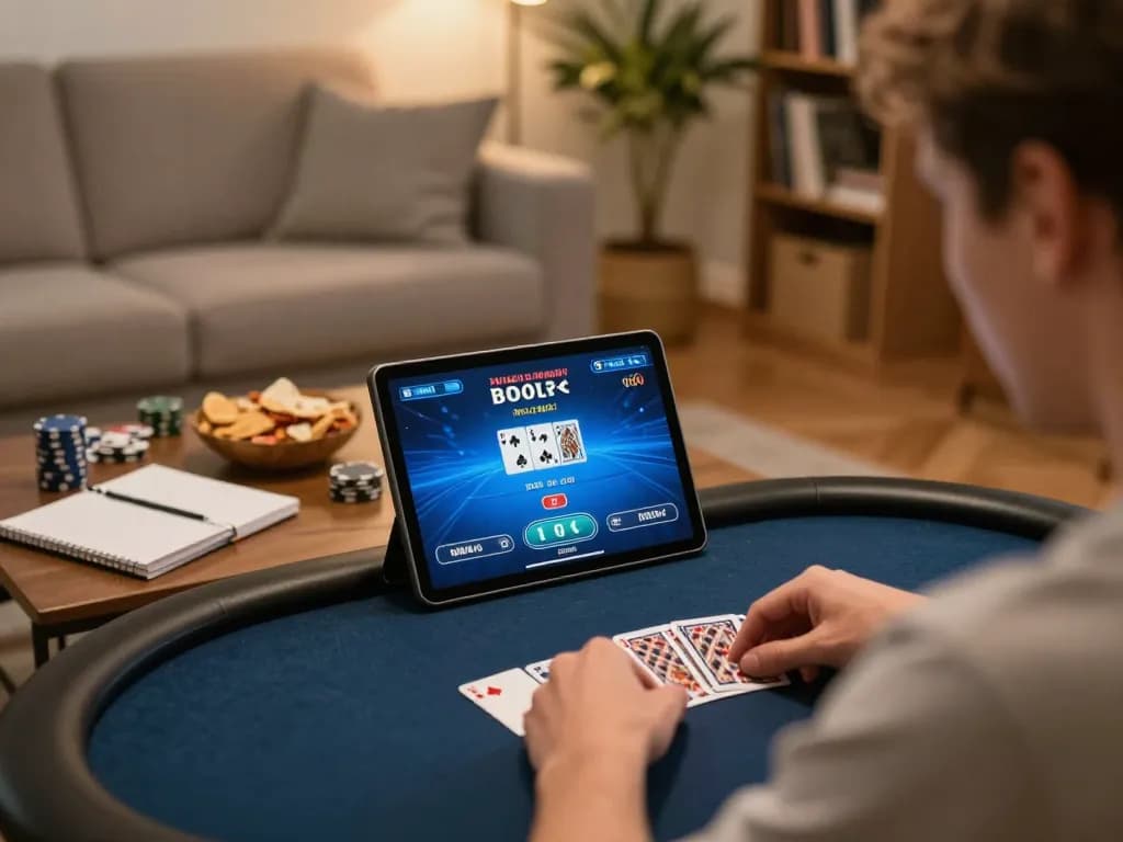 Player enjoying JUN88 online poker game on a tablet at home with a cozy atmosphere