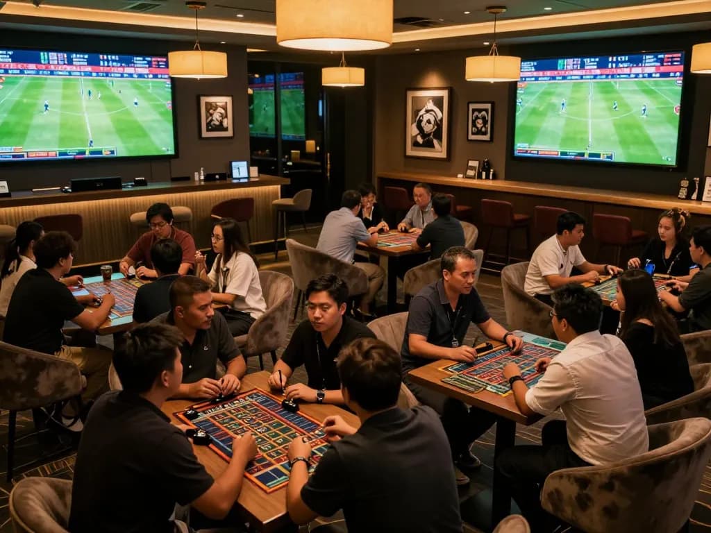 Kèo bóng đá enthusiasts placing bets in a vibrant sportsbook environment during live matches.