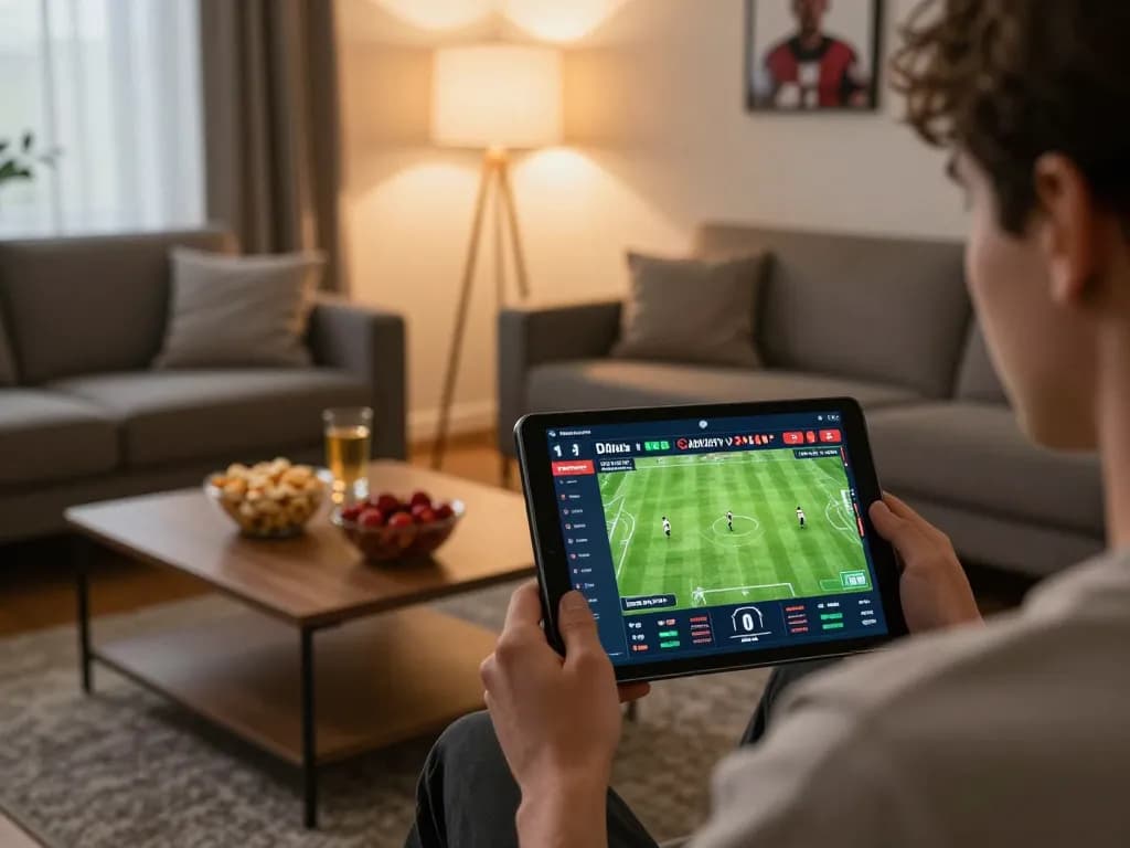 Engage in live betting on Cakhiatv sports app from a cozy home setting with warm lighting.