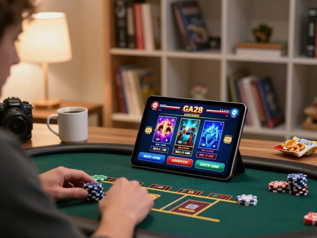 Player engaged with online GA28 casino app on tablet, surrounded by strategy books and snacks.