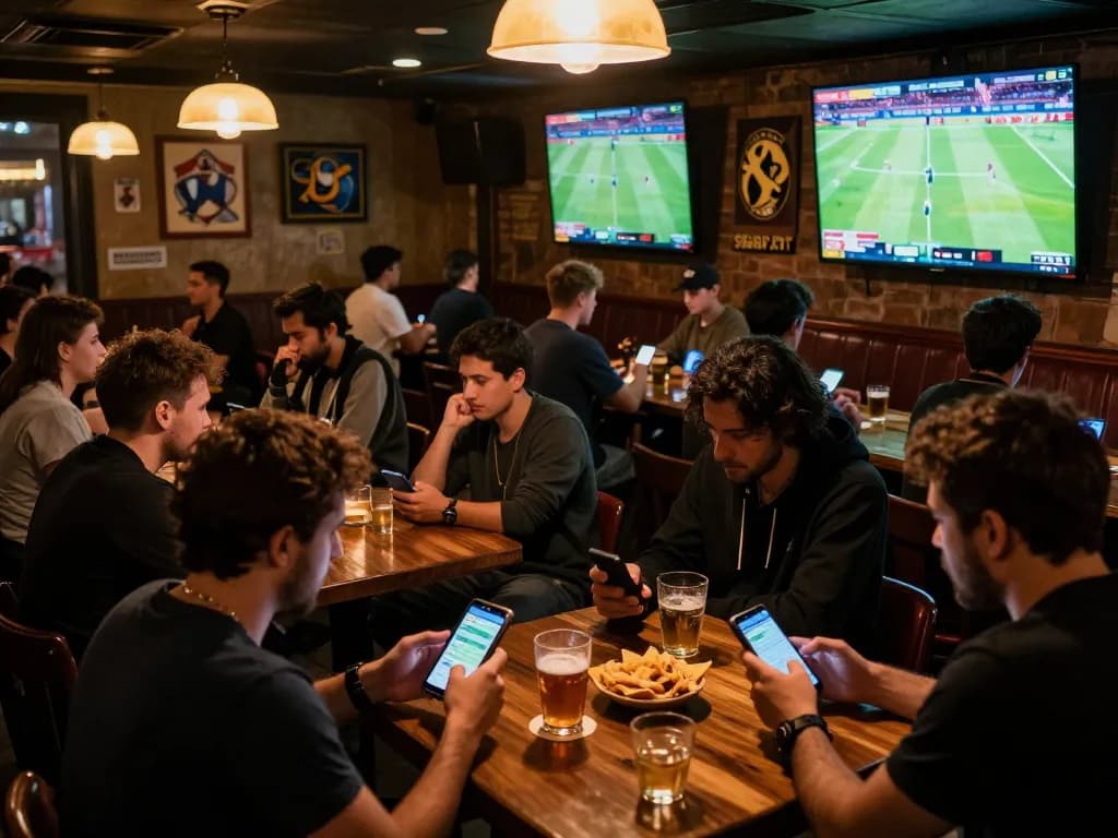 SboBet enthusiasts placing bets on their mobile devices in a vibrant sports bar atmosphere