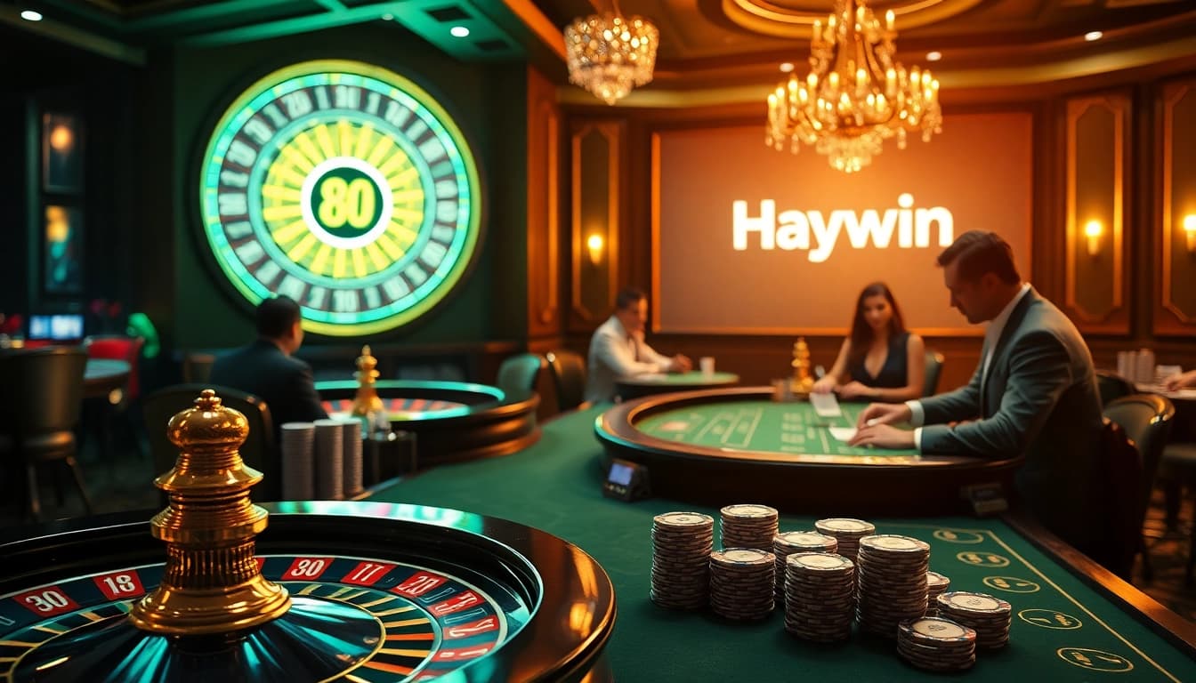 Engage in exciting casino games with Haywin’s vibrant atmosphere featuring poker chips and roulette.