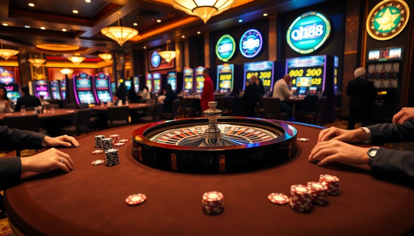 Experience the excitement of qh88 with a stunning casino table featuring roulette and poker elements.