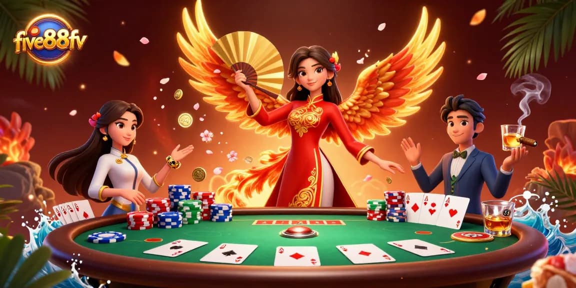Experience the excitement of five88fv with a vibrant online casino illustration featuring poker elements.