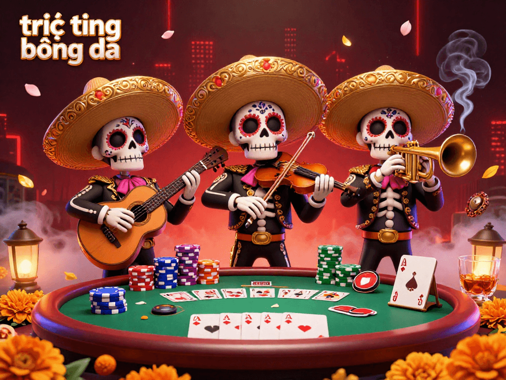 Experience trực tiếp bóng đá as skeleton musicians bring excitement to a vibrant casino scene with poker elements.