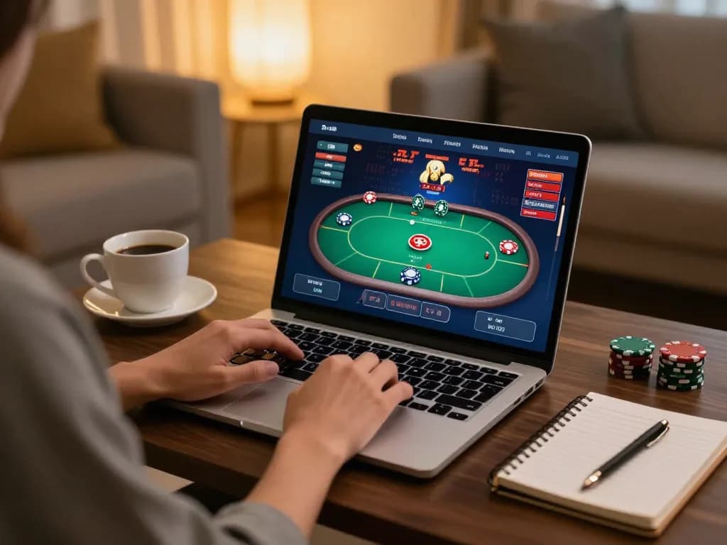 Link vào Hi88: Engaged player enjoying online poker in a cozy home setting.